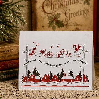 Tarjeta Pájaros retro Navidad y Año Nuevo