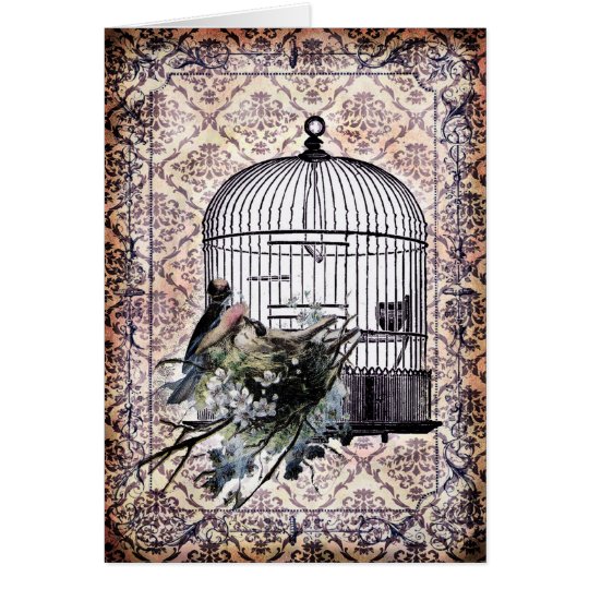 Tarjeta Pájaros y Birdcage del vintage