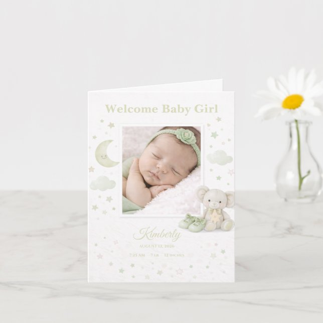 Tarjeta Pale Sage Baby Girl Birth Announcement Photo Card (Planta pequeña)