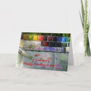 Tarjeta Paleta acuarela y brocha Cumpleaños feliz