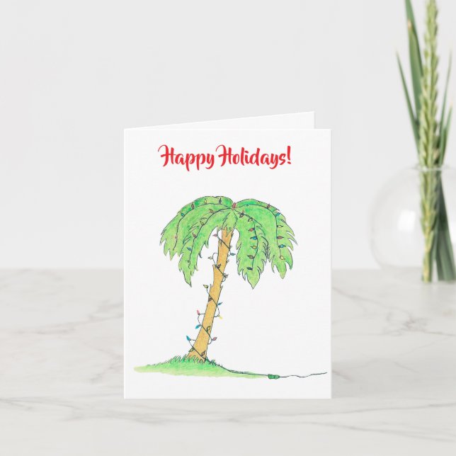 Tarjeta Palm Tree with Holiday Lights "Happy Holidays" (Anverso)