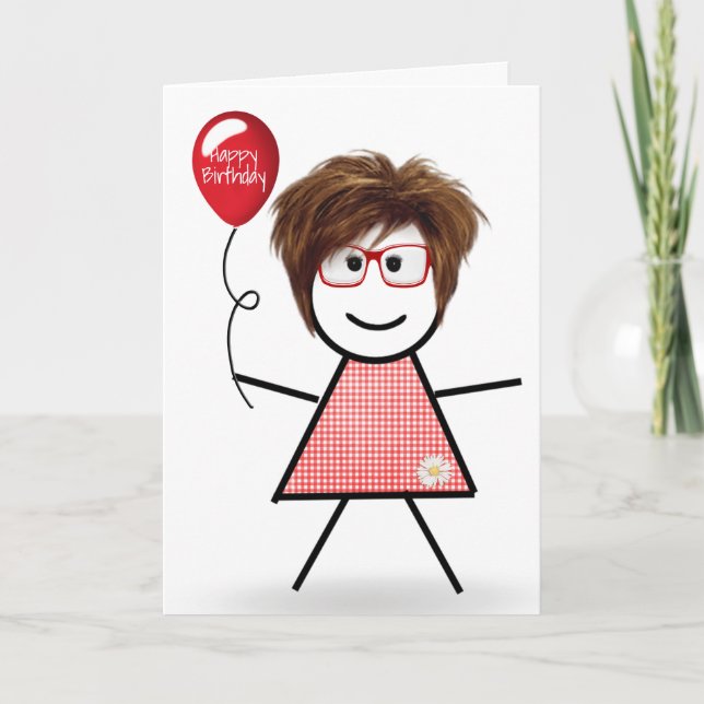 Tarjeta Palo Cumpleaños Gingham Chica con Globo Rojo (Anverso)