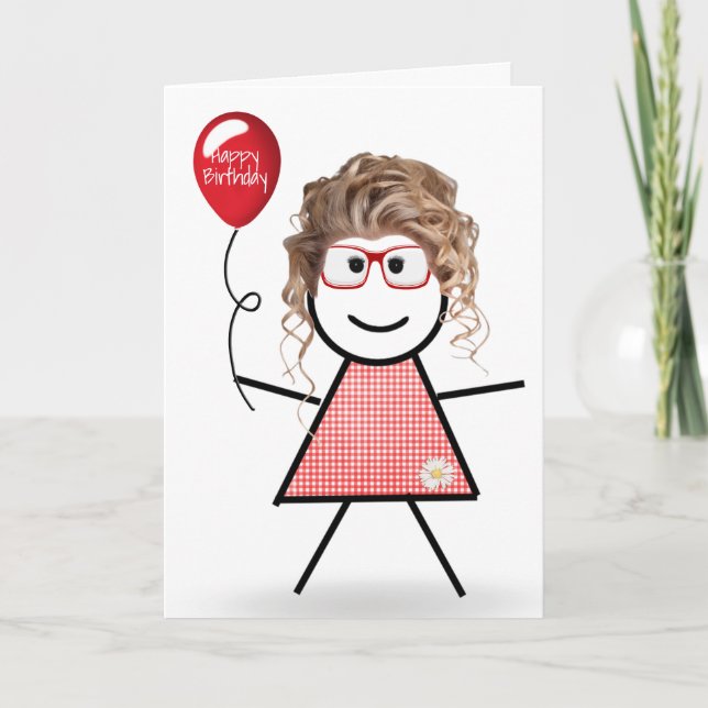 Tarjeta Palo Cumpleaños Gingham Chica con Globo Rojo (Anverso)