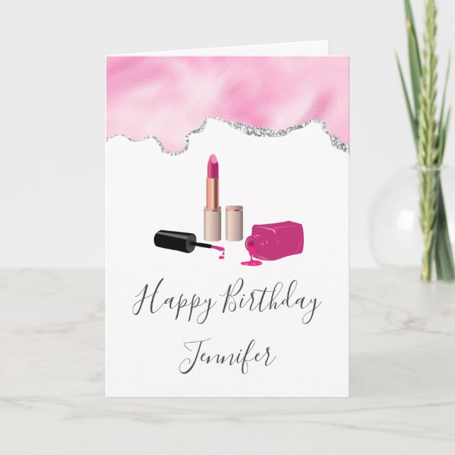 Tarjeta Palo de labios de glam rosa y uña cumpleaños de be (Anverso)