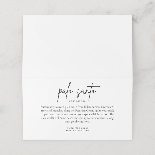 Tarjeta Palo Santo Wedding Favor Place (Exterior desplegado)