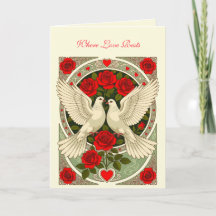 Palomas blancas y rosas rojas Art Nouveau