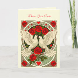 Tarjeta Palomas blancas y rosas rojas Art Nouveau