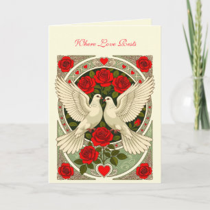 Tarjeta Palomas blancas y rosas rojas Art Nouveau