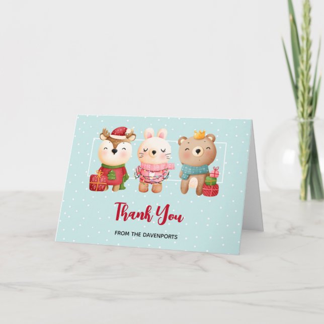 Tarjeta Pals de Navidad - Oso Reno y Conejo Gracias (Anverso)