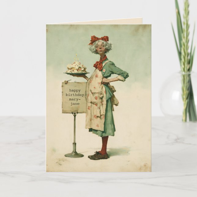 Tarjeta Panadero Antiguo con Tarta de Cumpleaños (Anverso)