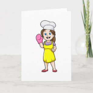 Tarjeta Panadero con delantal de cocina y guantes para hor