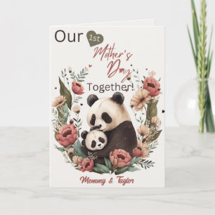 Tarjeta Panda acuarela y cachorro, primer día de la madre