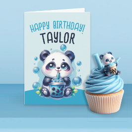 Tarjeta Panda Beber Boba Azul Bubble Tea Cumpleaños