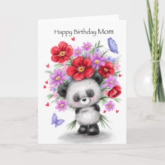 Tarjeta Panda con hermosas flores, Feliz cumpleaños a MOM (Anverso)
