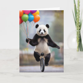 Tarjeta Panda de cumpleaños en un monociclo con ramo de gl
