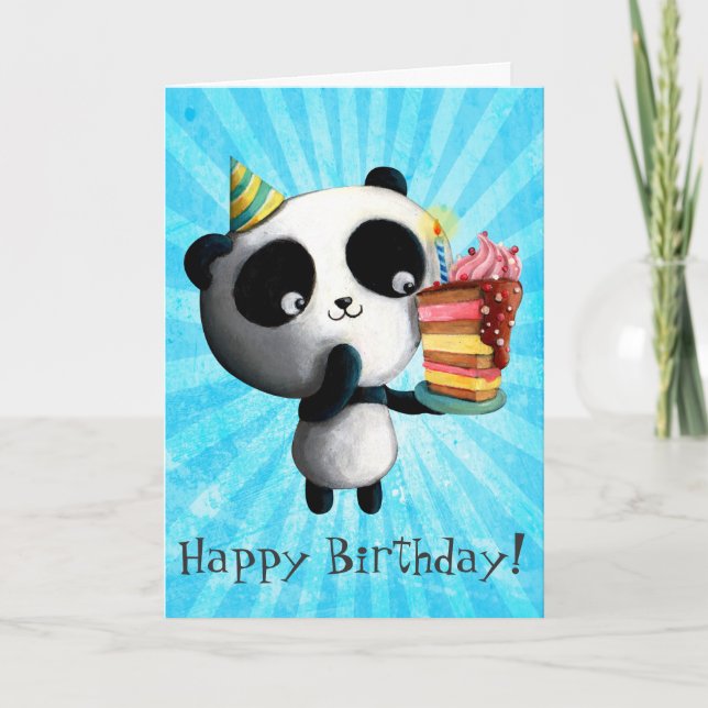 Tarjeta Panda de cumpleaños lindo con pastel (Anverso)