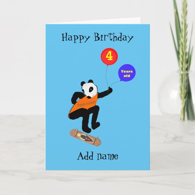 Tarjeta Panda de Skateboarding Cumpleaños de Cuatro Años (Anverso)