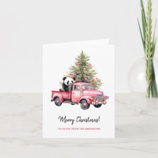 Tarjeta Panda en el árbol de navidad del camión rosa retro
