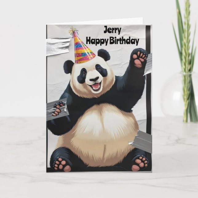 Tarjeta Panda gigante sentado con sombrero de cumpleaños (Anverso)