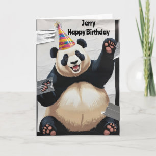 Tarjeta Panda gigante sentado con sombrero de cumpleaños