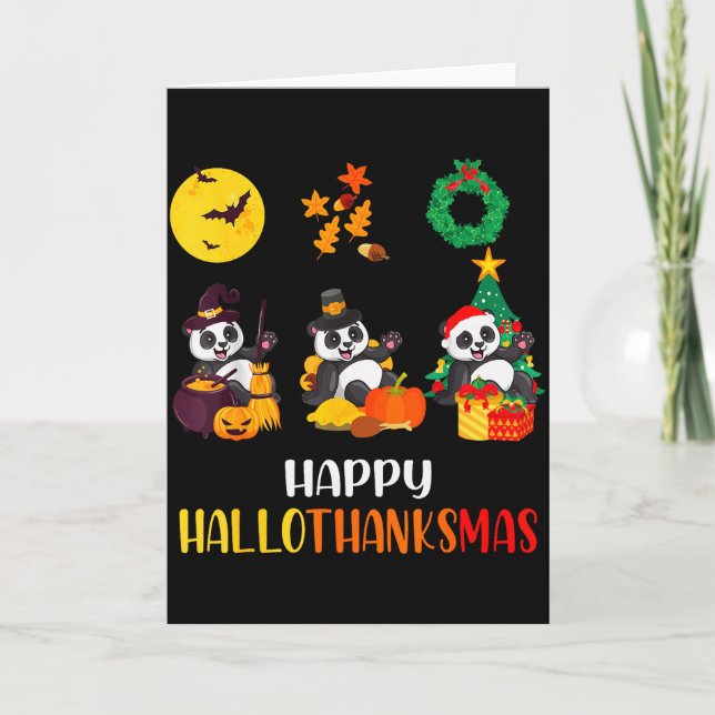 Tarjeta Panda Halloween Christmas Happy Hallothanksmas Pan (Anverso)
