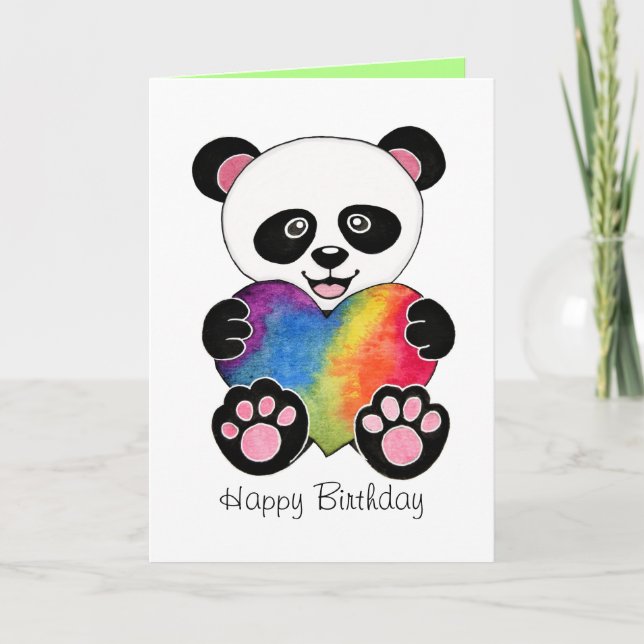 Tarjeta Panda Lindo Acuarela Con Corazón De Arcoíris (Anverso)