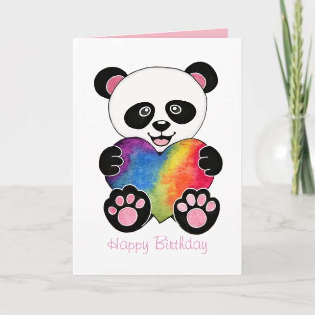 Tarjeta Panda Lindo Acuarela Con Corazón De Arcoíris (Anverso)