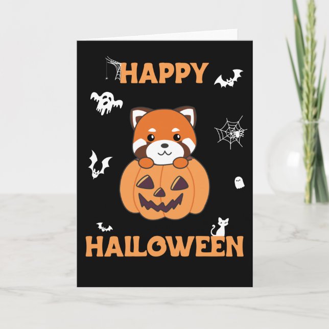 Tarjeta Panda Rojo En Calabaza Cute Pandas Feliz Halloween (Anverso)