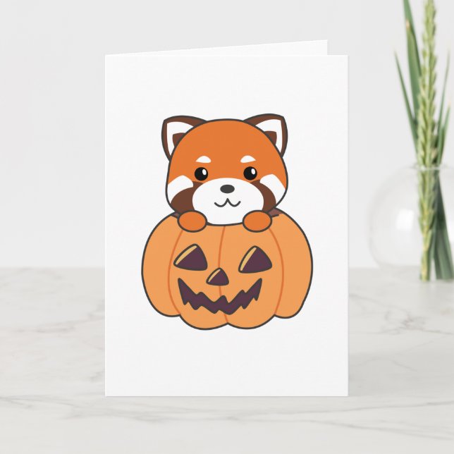Tarjeta Panda Rojo En Calabaza Cute Pandas Feliz Halloween (Anverso)