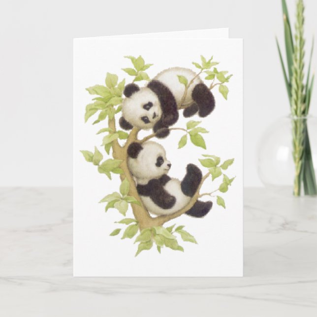 Tarjeta Pandas que juegan en un árbol (Anverso)