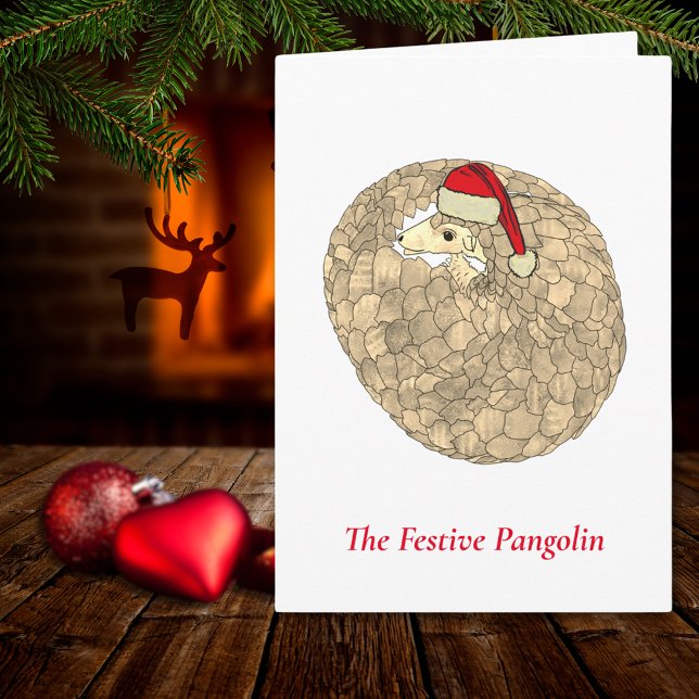 Tarjeta Pangolín Festivo Especie en Peligro de Extinción A (Christmas pangolin wearing a santa hat festive holiday card)