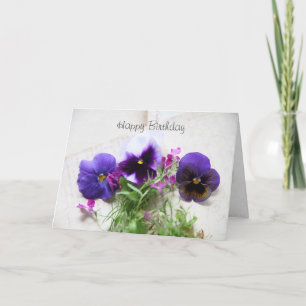 Tarjeta Pansies y lobelia con letra antigua