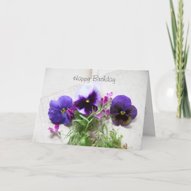 Tarjeta Pansies y lobelia con letra antigua (Anverso)