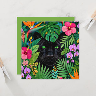 Tarjeta Pantera negra flores de la selva y follaje tropica