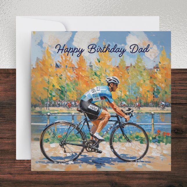 Tarjeta Papá Competición de Bicicleta Cumpleaños Feliz (A stylish card with picture of a cyclist in a bicycle race and 'Happy Birthday Dad' greeting)
