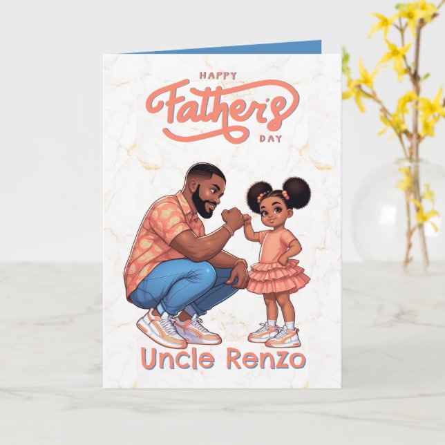 Tarjeta Papá negro y la hija Naranja y azul (flor amarilla)