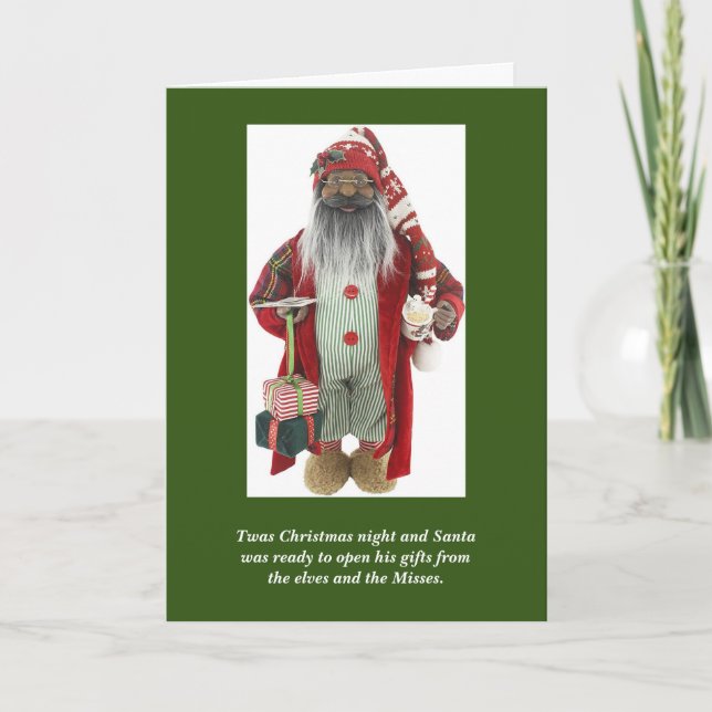 Tarjeta Papá Noel afroamericano abre carta de regalos para (Anverso)
