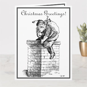 Tarjeta Papá Noel blanco negro se cae la chimenea