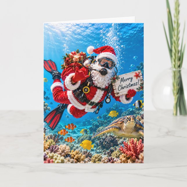 Tarjeta Papá Noel Buceando Navidad Subacuática Fiesta (Anverso)