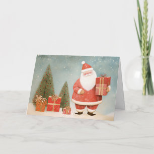 Tarjeta Papá Noel caprichoso con árbol de Navidad y regalo