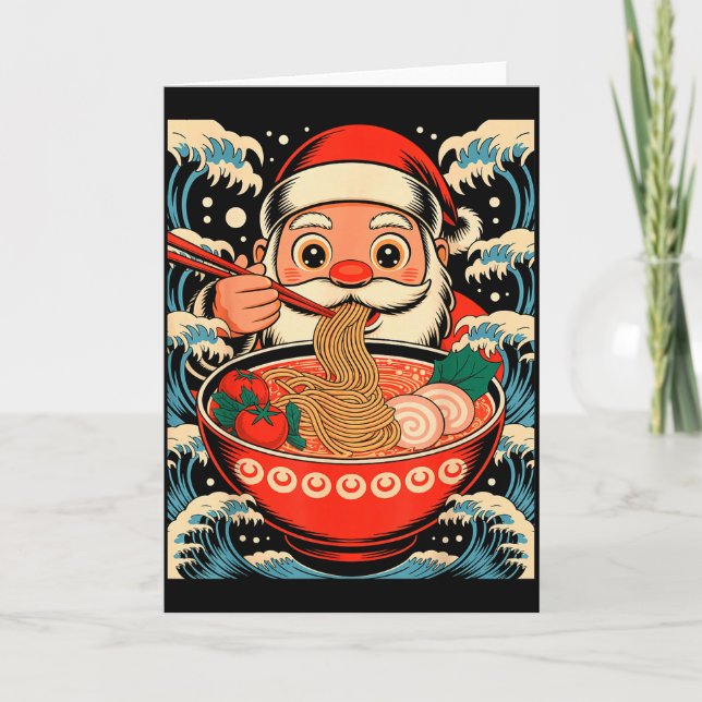 Tarjeta Papá Noel comiendo fideos Ramen Navidad japonesa (Anverso)