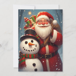 Tarjeta Papá Noel con muñeco de nieve en escena navideña