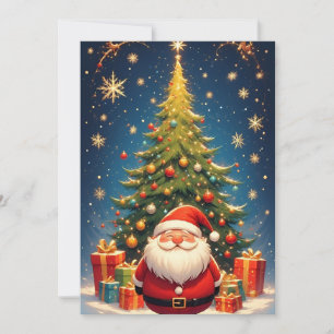 Tarjeta Papá Noel con regalos y árbol de Navidad