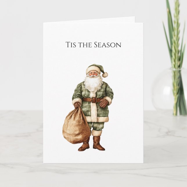 Tarjeta Papá Noel de Navidad marrón crema rústico verde (Anverso)