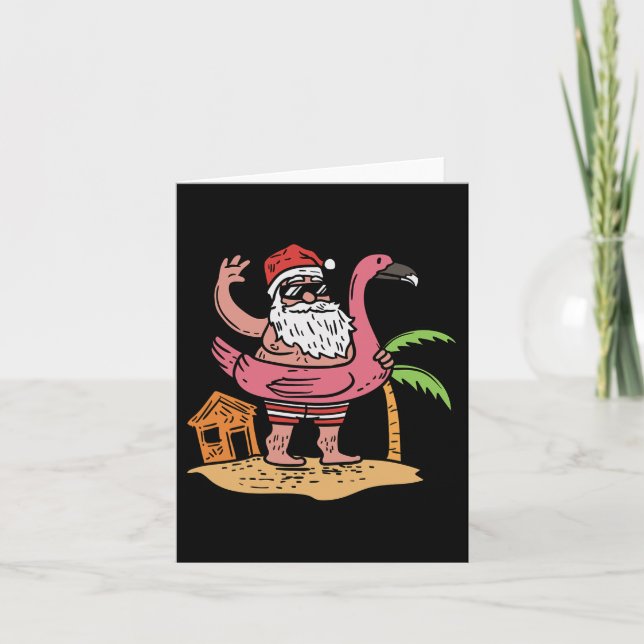 Tarjeta Papá Noel de verano Flamingo Flotador Divertida Na (Anverso)