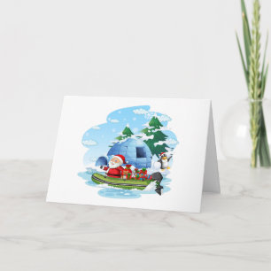 Tarjeta Papá Noel divertido de Navidad con regalos en el b