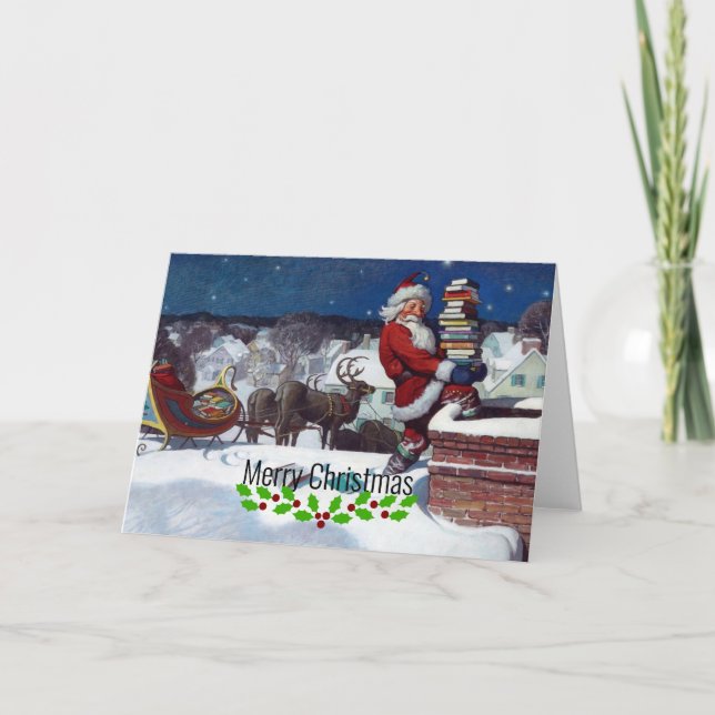 Tarjeta Papá Noel entregando una carga de libros de Wyeth (Anverso)
