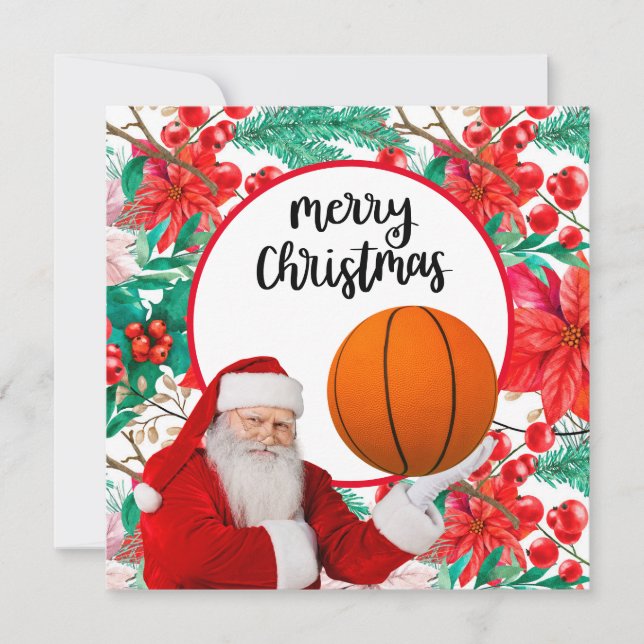 Tarjeta Papá Noel juega baloncesto Feliz Navidad (Anverso)