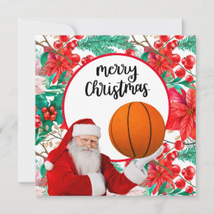 Tarjeta Papá Noel juega baloncesto Feliz Navidad