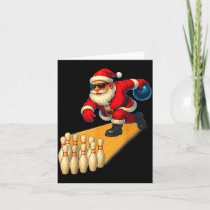 Tarjeta Papá Noel lindo jugando bola de bolos y bolichista
